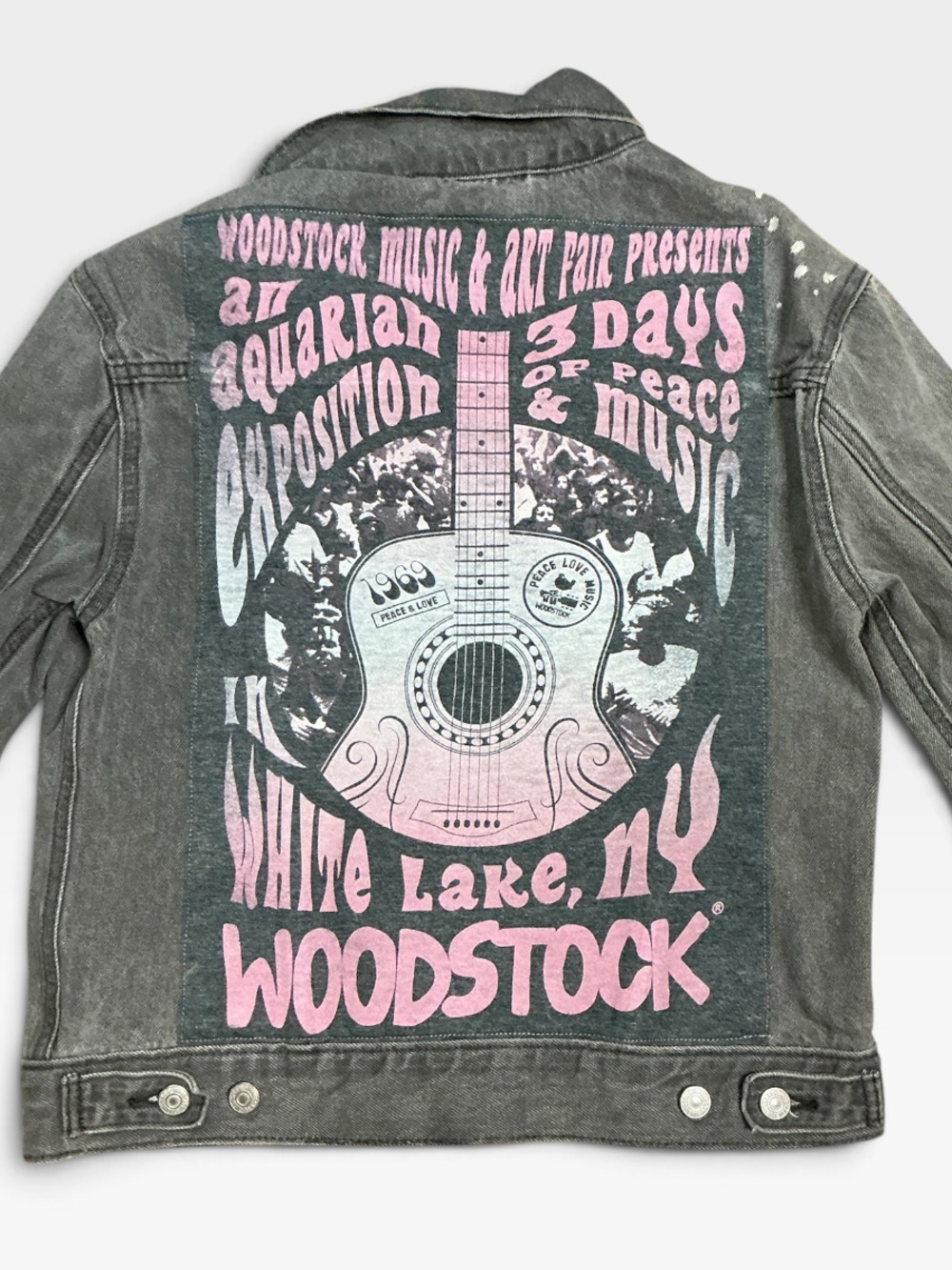 Woodstock Music Festival Theme Upcycled Denim Jacket Guitar